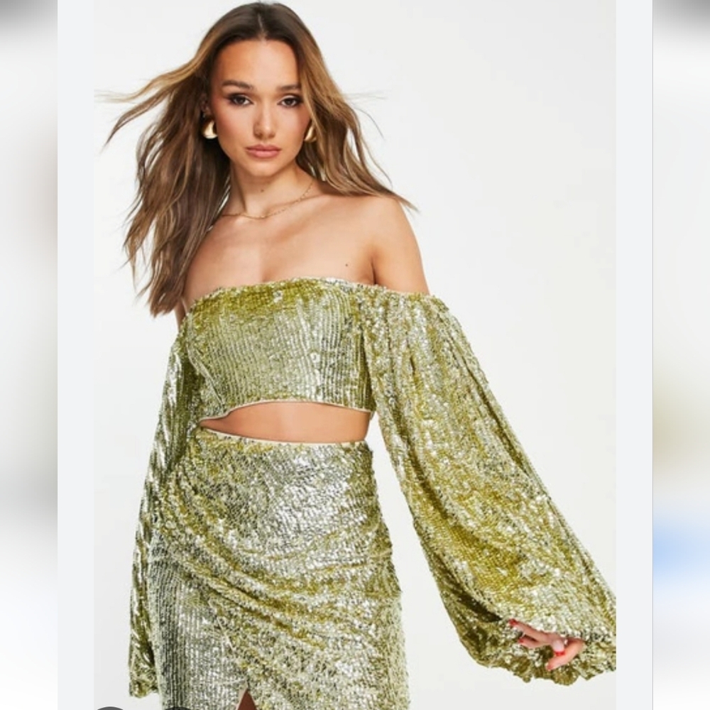 Asos Off-shoulder Back Top In Pale Gold Sequin